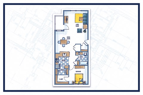 Floor plan for 1 bed, 1 bath, 944 sqft